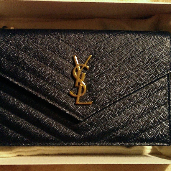 YSL SAINT LAURENT BLACK CASSANDRE ENVELOPE CHAIN WALLET HANDBAG - Picture 3 of 6